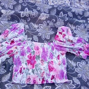 Express Pink and Purple Poofy Shoulders Crop Top